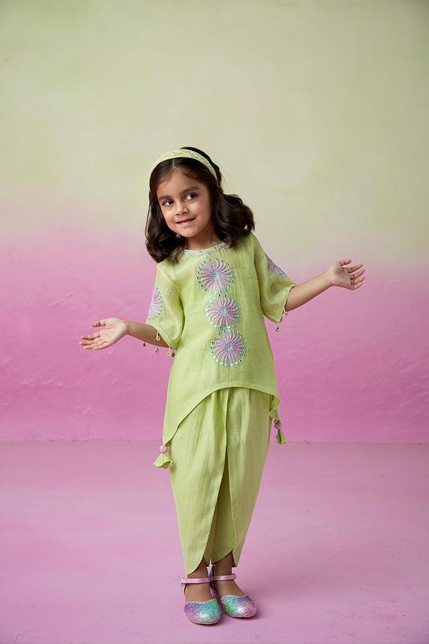 Sunshine Sparkle- Lime Hand Embroidered Kurta with Tulip Pants Set for Girls - Totdot