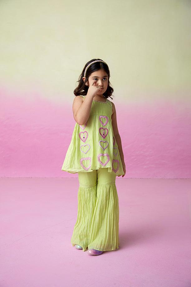 Sweet Pea- Lime Hand Embroidered Kurta Sharara Set for Girls - Totdot