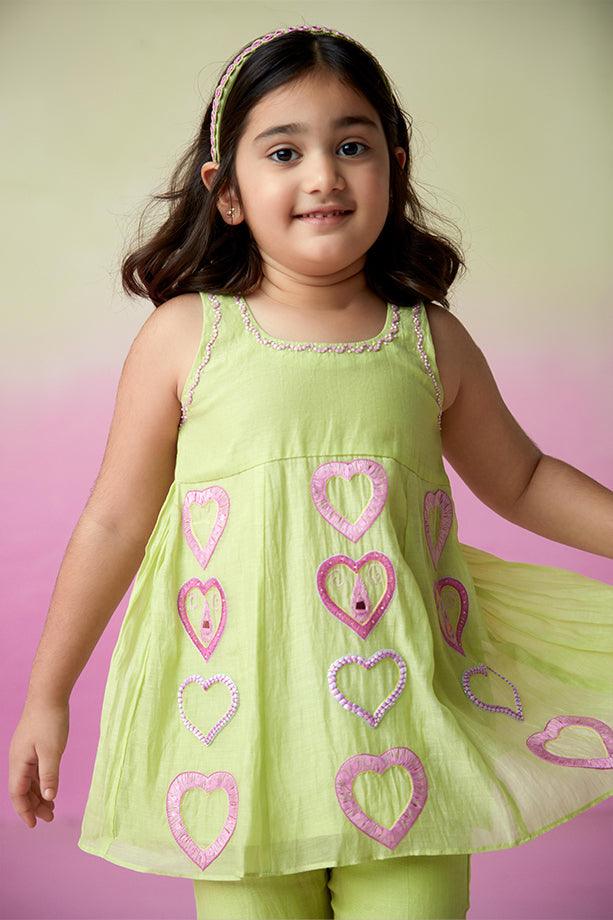 Sweet Pea- Lime Hand Embroidered Kurta Sharara Set for Girls - Totdot