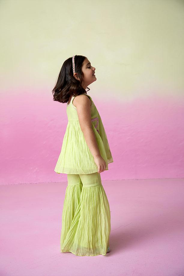 Sweet Pea- Lime Hand Embroidered Kurta Sharara Set for Girls - Totdot