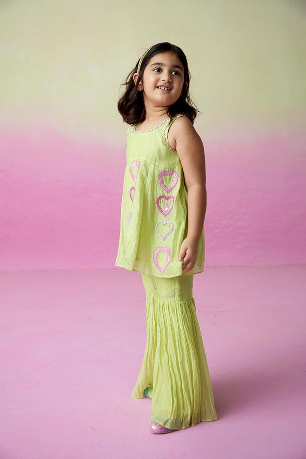 Sweet Pea- Lime Hand Embroidered Kurta Sharara Set for Girls - Totdot