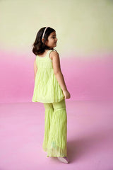 Sweet Pea- Lime Hand Embroidered Kurta Sharara Set for Girls - Totdot