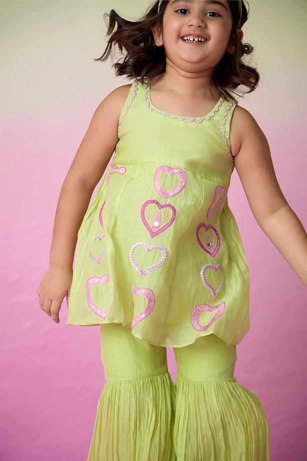 Sweet Pea- Lime Hand Embroidered Kurta Sharara Set for Girls - Totdot