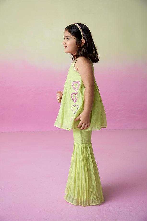 Sweet Pea- Lime Hand Embroidered Kurta Sharara Set for Girls - Totdot