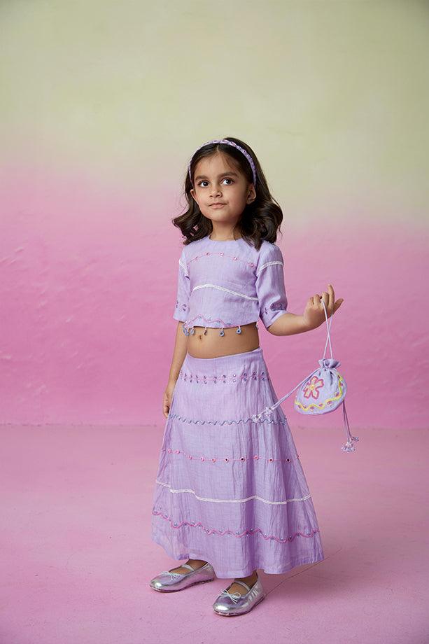 Enchanted Meadow- Orchid Pink Hand Embroidered Kurta with Mint Sharara for Girls - Totdot