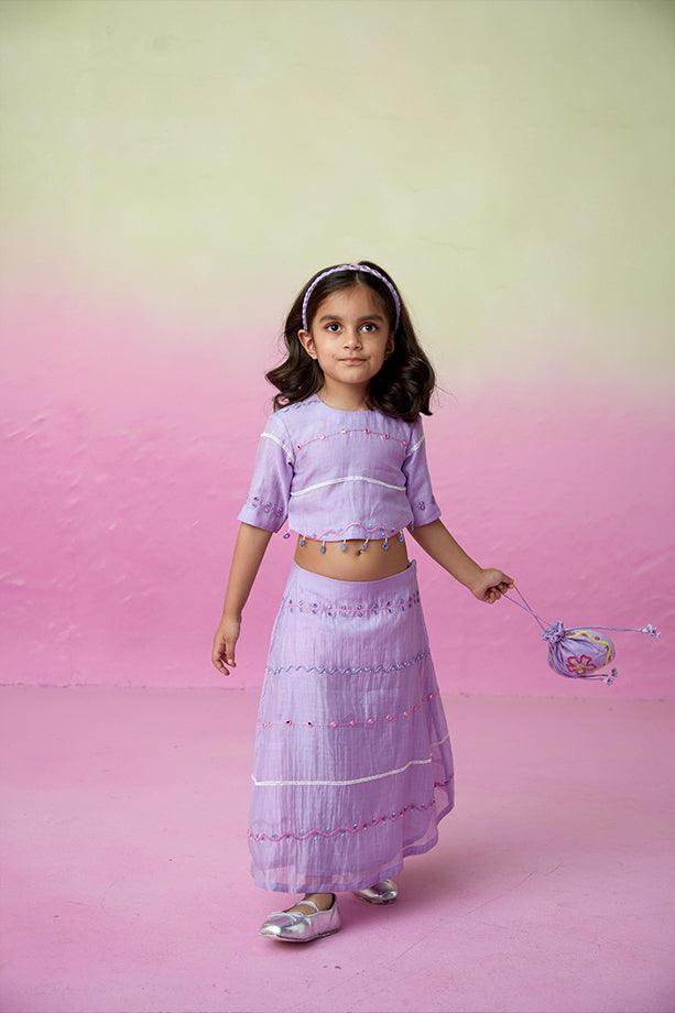 Enchanted Meadow- Orchid Pink Hand Embroidered Kurta with Mint Sharara for Girls - Totdot