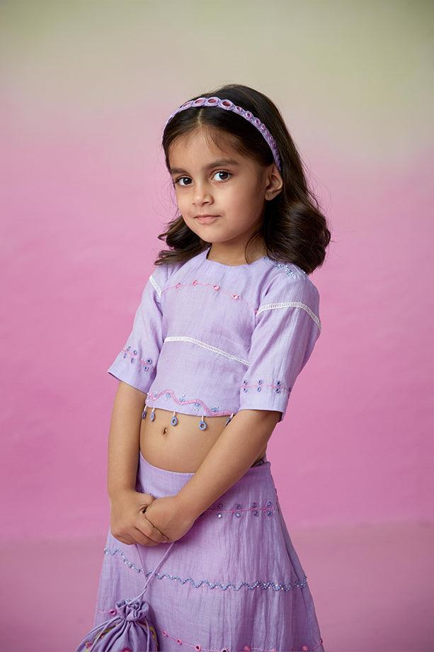 Enchanted Meadow- Orchid Pink Hand Embroidered Kurta with Mint Sharara for Girls - Totdot