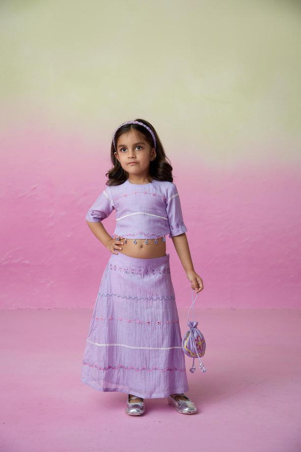 Enchanted Meadow- Orchid Pink Hand Embroidered Kurta with Mint Sharara for Girls - Totdot