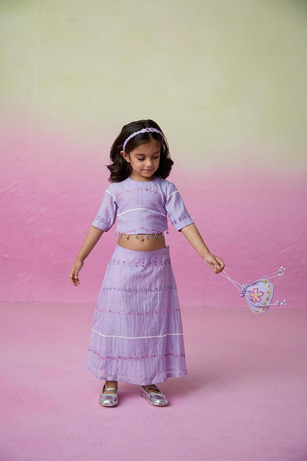 Enchanted Meadow- Orchid Pink Hand Embroidered Kurta with Mint Sharara for Girls - Totdot