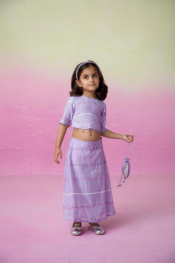 Enchanted Meadow- Orchid Pink Hand Embroidered Kurta with Mint Sharara for Girls - Totdot