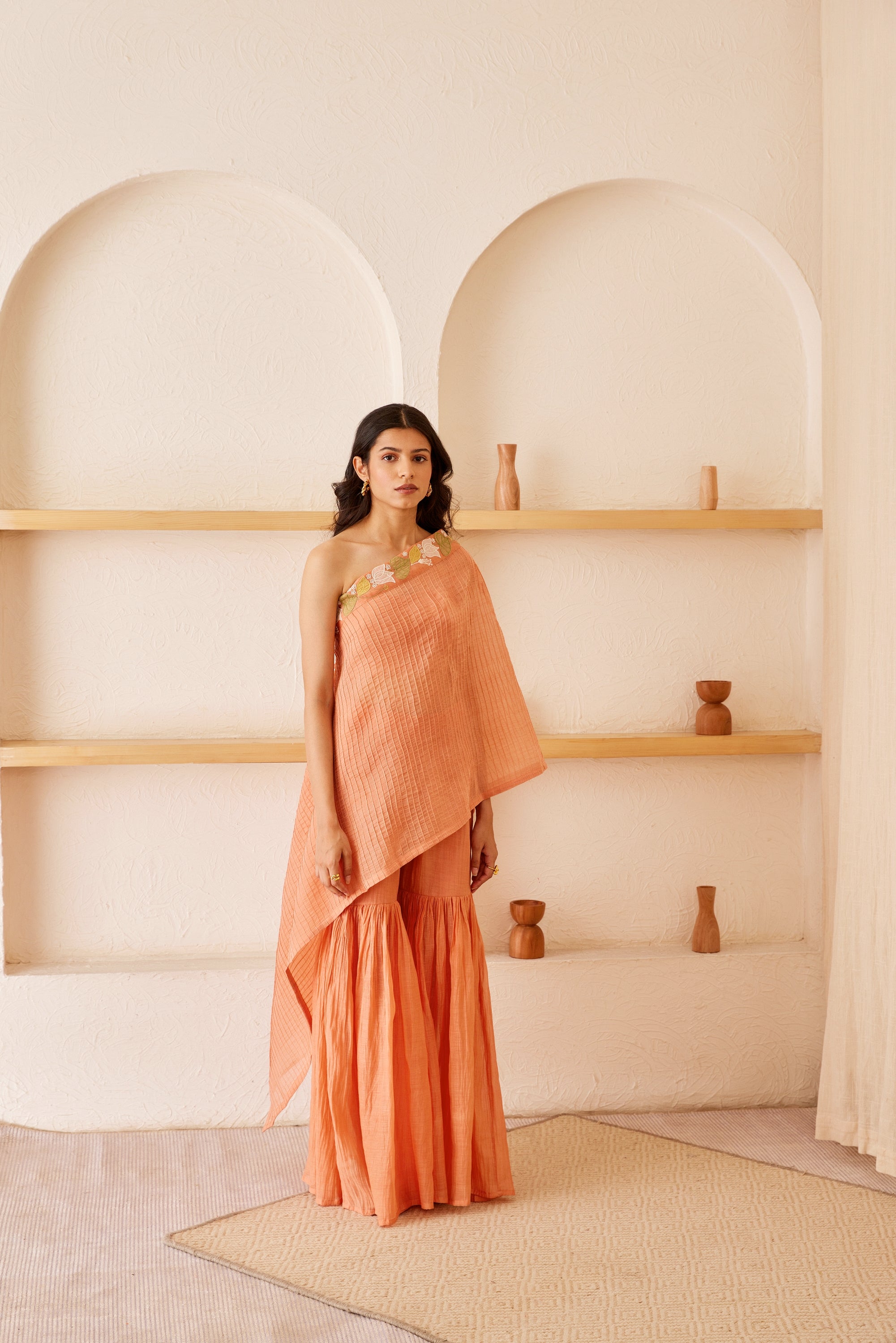 Oceane Set - Peach Cotton Chanderi Hand Embroidered Top And Gharara Set