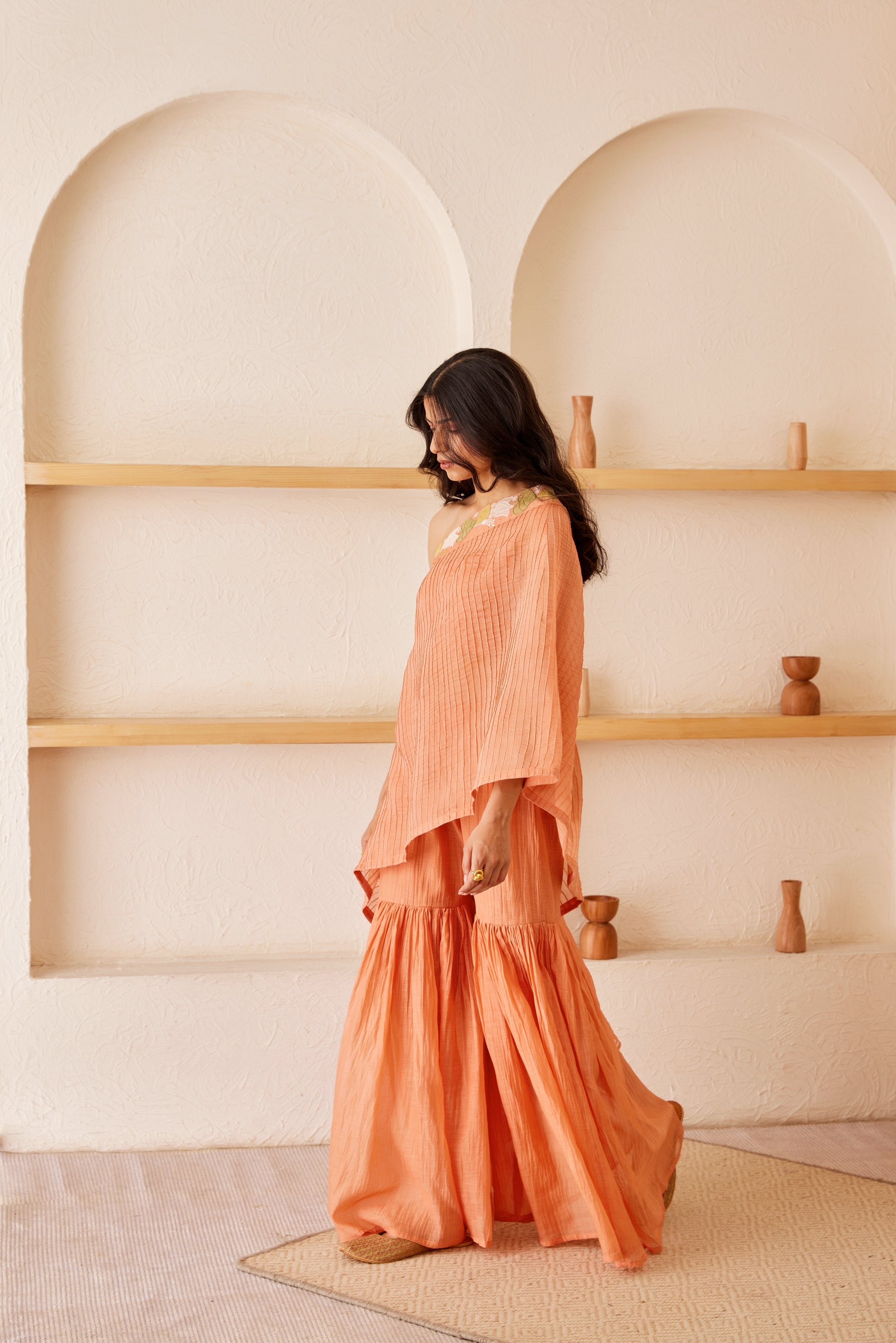 Oceane Set - Peach Cotton Chanderi Hand Embroidered Top And Gharara Set