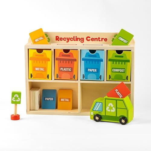 Tiny Trash Hub | Reduce & Reuse Recycling Center Playset | Wooden Green Garbage Truck Toy, Sorting Bins, and Accessories | Safe, Natural Materials For Environmental Learning, Fine Motor Skills, and Play - Totdot