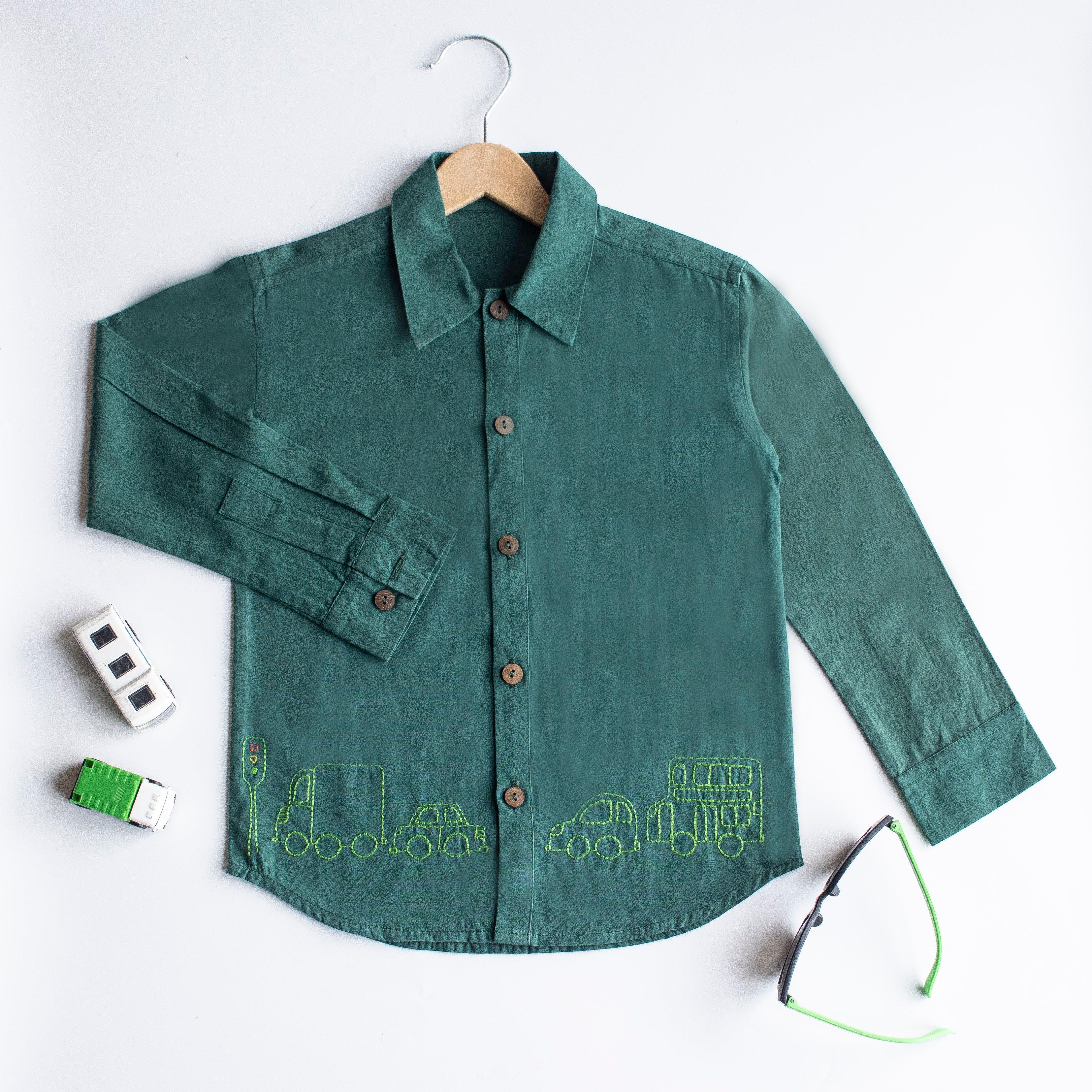 Traffic Embroidered Formal Shirt - Bottle Green - Totdot