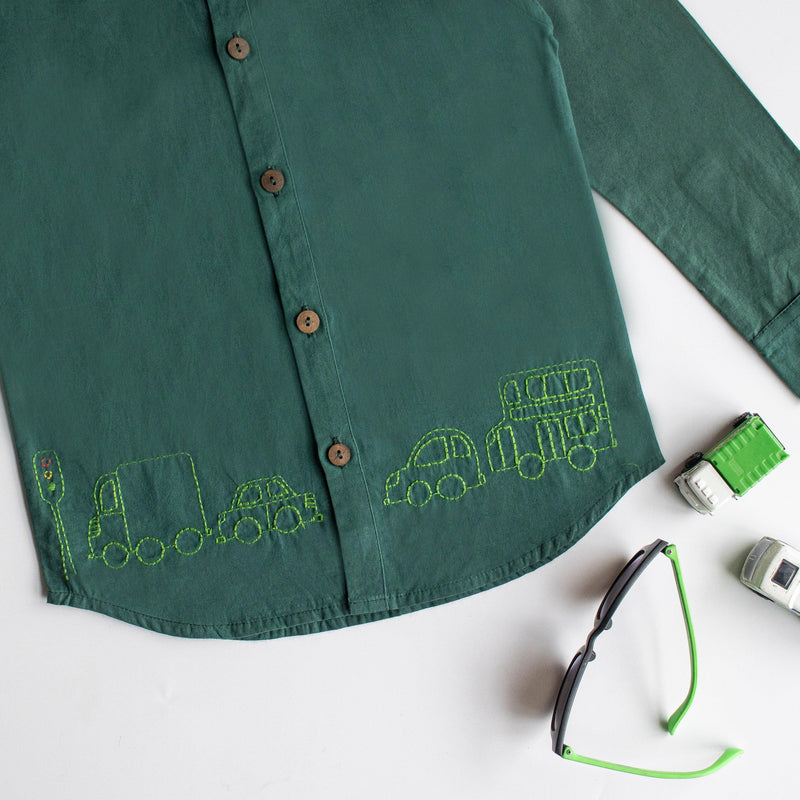 Traffic Embroidered Formal Shirt - Bottle Green - Totdot