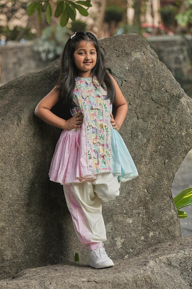 Tropical Print A-line Kurta with Frills and Off-White Salwar Set for Girls - Totdot