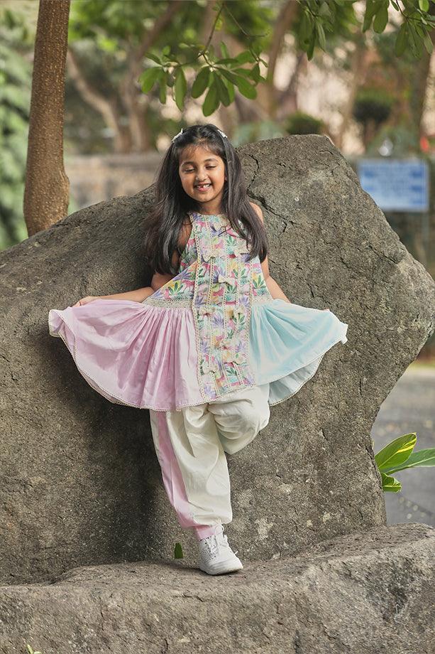 Tropical Print A-line Kurta with Frills and Off-White Salwar Set for Girls - Totdot