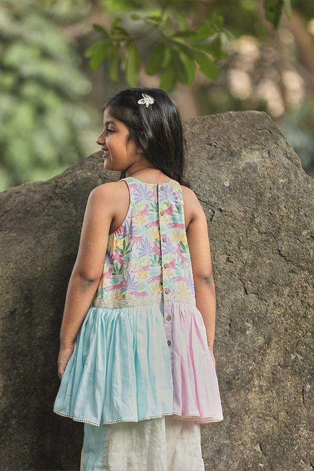 Tropical Print A-line Kurta with Frills and Off-White Salwar Set for Girls - Totdot