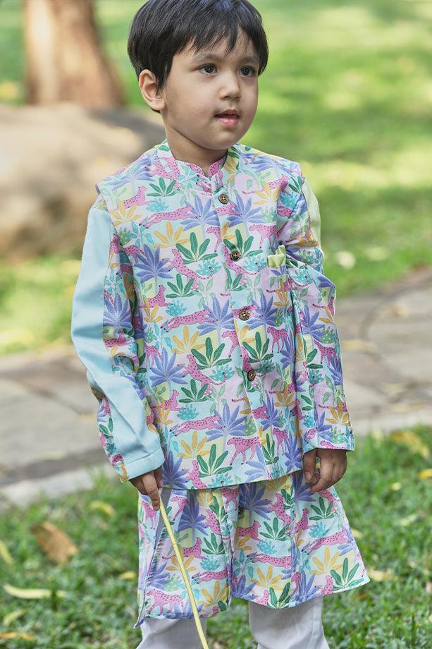 Tropical Print Bandi Kurta and Off-White Pants Set for Boys - Totdot