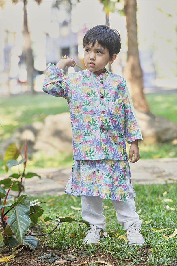 Tropical Print Bandi Kurta and Off-White Pants Set for Boys - Totdot