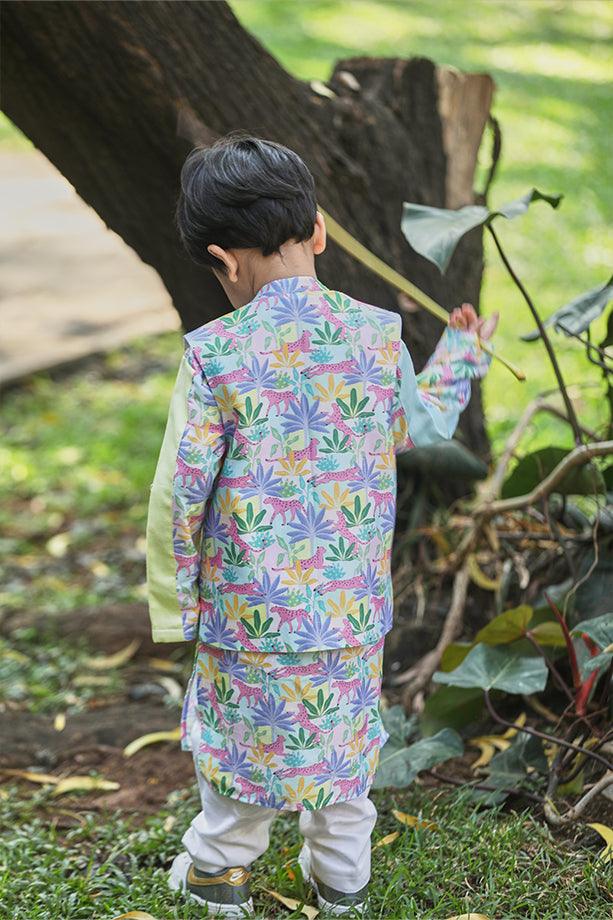 Tropical Print Bandi Kurta and Off-White Pants Set for Boys - Totdot