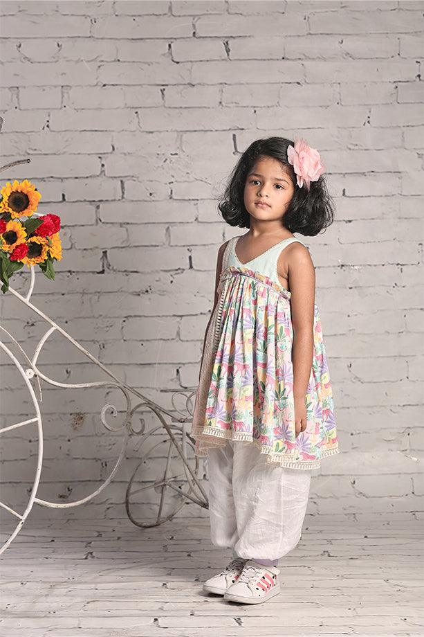 Tropical Print Gathered Kurta and Off-White Salwar Set for Girls - Totdot