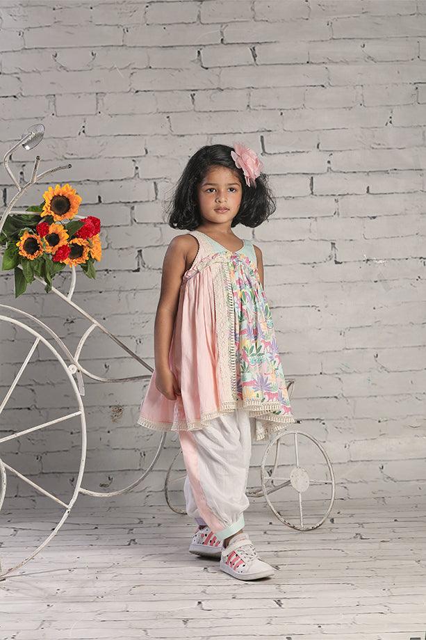 Tropical Print Gathered Kurta and Off-White Salwar Set for Girls - Totdot