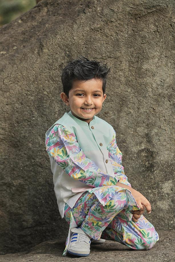 Tropical Print Kurta and Off-White Pants Bandi Set for Boys - Totdot