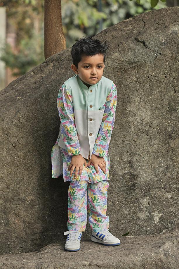 Tropical Print Kurta and Off-White Pants Bandi Set for Boys - Totdot