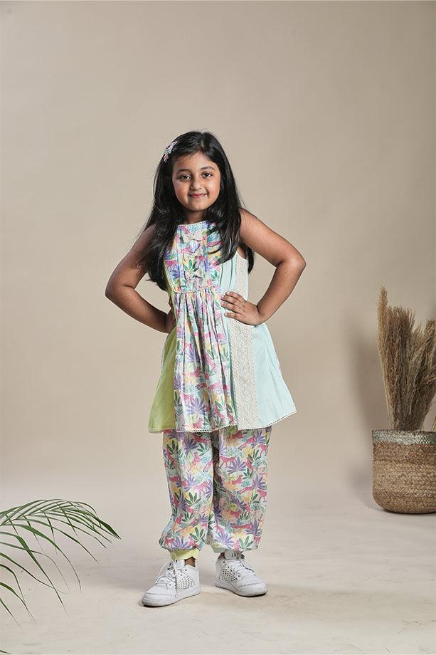 Tropical Print Kurta with Yoke and Tropical Print Salwar Set for Girls - Totdot