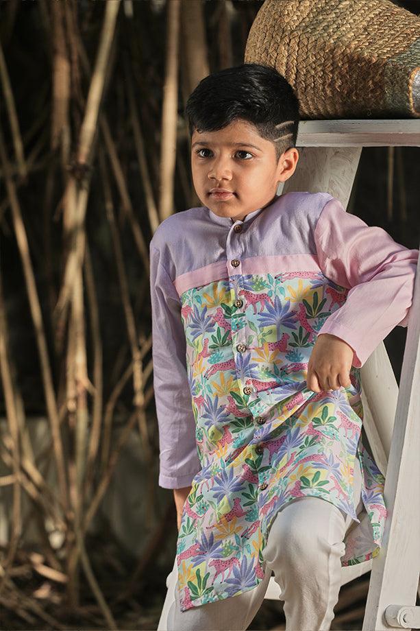 Tropical Print Long Kurta and Off-White Pants Set for Boys - Totdot