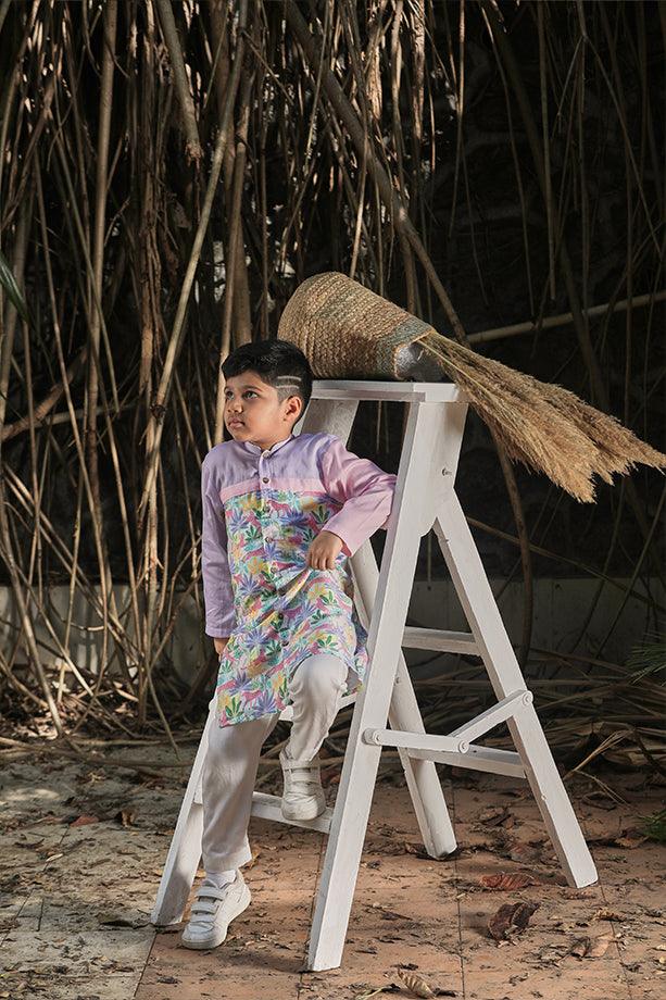 Tropical Print Long Kurta and Off-White Pants Set for Boys - Totdot