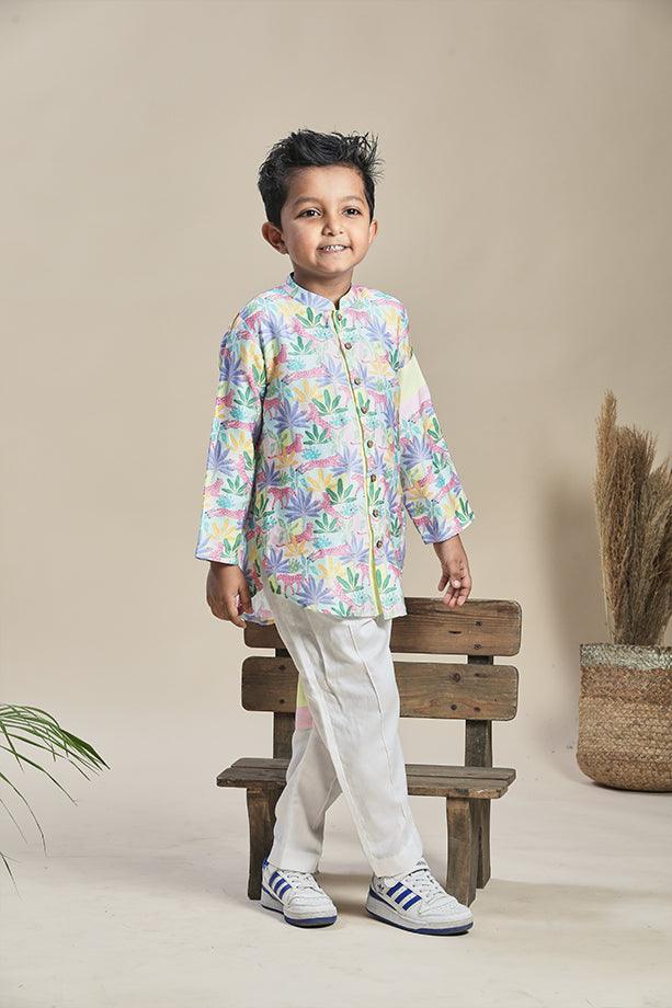 Tropical Print Short Shirt Kurta and Off-White Pants Set for Boys - Totdot