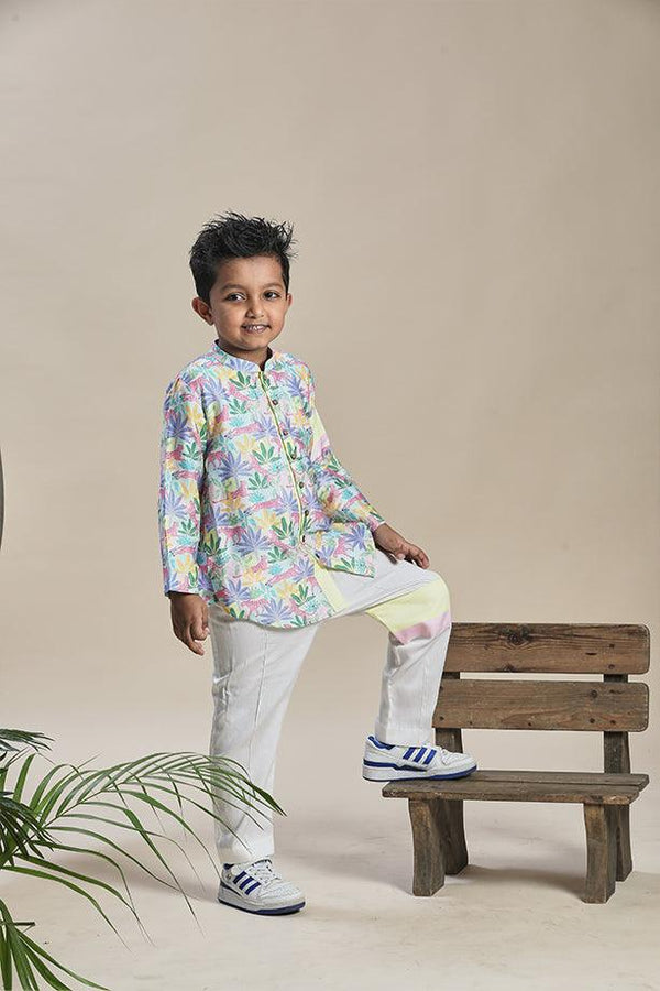 Tropical Print Short Shirt Kurta and Off-White Pants Set for Boys - Totdot