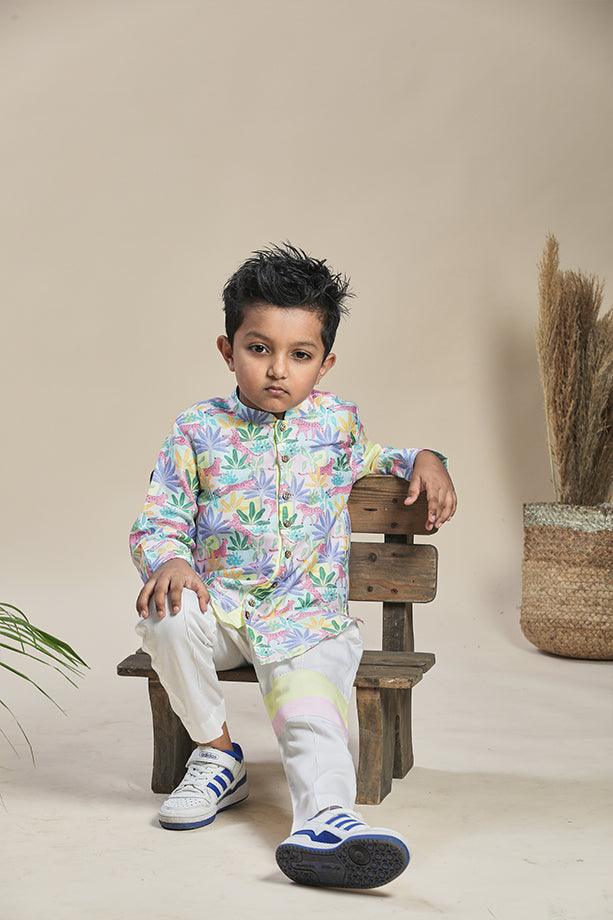 Tropical Print Short Shirt Kurta and Off-White Pants Set for Boys - Totdot