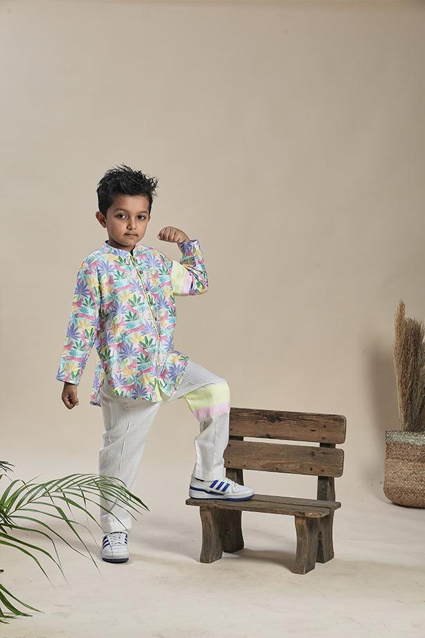 Tropical Print Short Shirt Kurta and Off-White Pants Set for Boys - Totdot