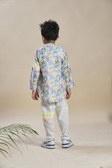 Tropical Print Short Shirt Kurta and Off-White Pants Set for Boys - Totdot
