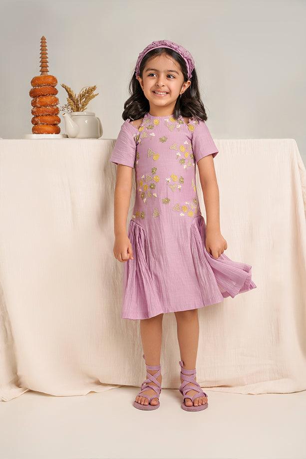 Twinkle Twinkle- Lavender Chanderi Silk Hand Embroidered Dress - Totdot