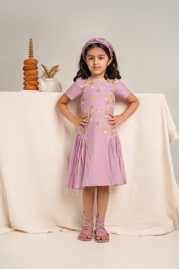 Twinkle Twinkle- Lavender Chanderi Silk Hand Embroidered Dress - Totdot