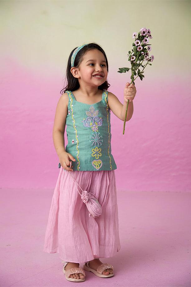 Twinkling Firefly- Mint Hand Embroidered Kurta with Orchid Pink Gathered Skirt for Girls - Totdot