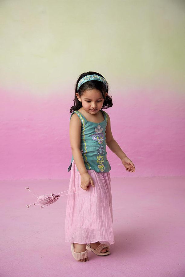 Twinkling Firefly- Mint Hand Embroidered Kurta with Orchid Pink Gathered Skirt for Girls - Totdot