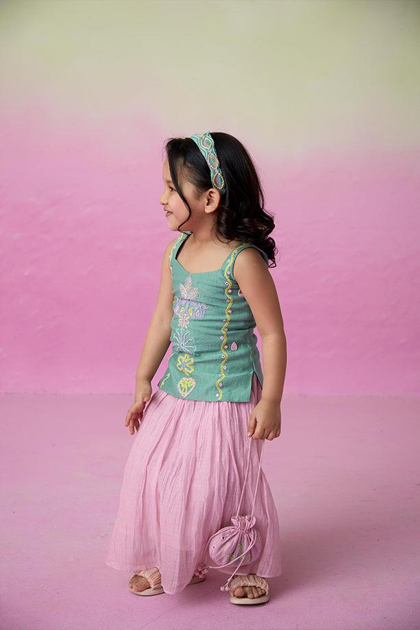 Twinkling Firefly- Mint Hand Embroidered Kurta with Orchid Pink Gathered Skirt for Girls - Totdot