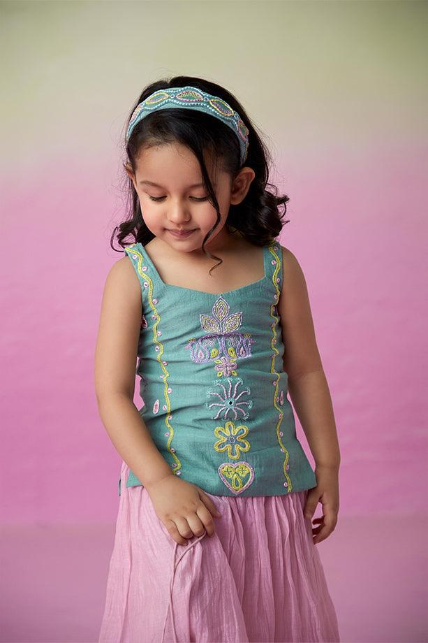 Twinkling Firefly- Mint Hand Embroidered Kurta with Orchid Pink Gathered Skirt for Girls - Totdot