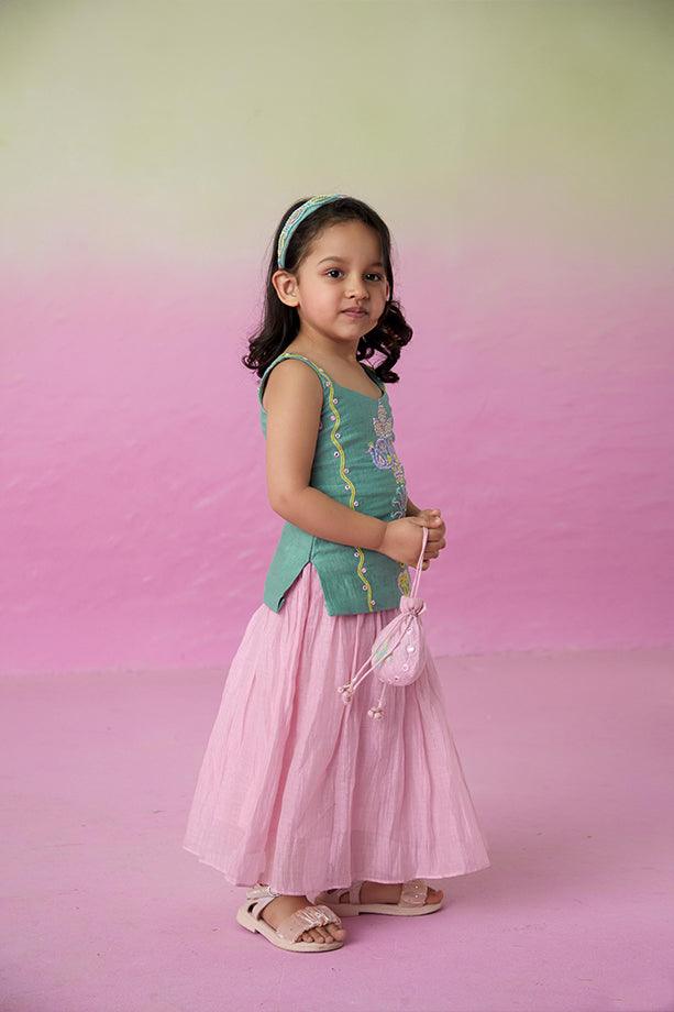 Twinkling Firefly- Mint Hand Embroidered Kurta with Orchid Pink Gathered Skirt for Girls - Totdot