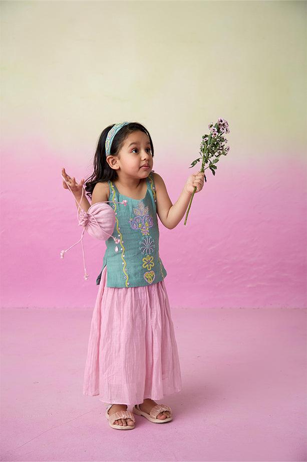 Twinkling Firefly- Mint Hand Embroidered Kurta with Orchid Pink Gathered Skirt for Girls - Totdot