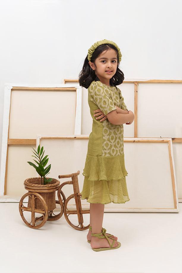 Twist and Shout- Green Chanderi Silk Hand Embroidered Ruffled Dress for Girls - Totdot