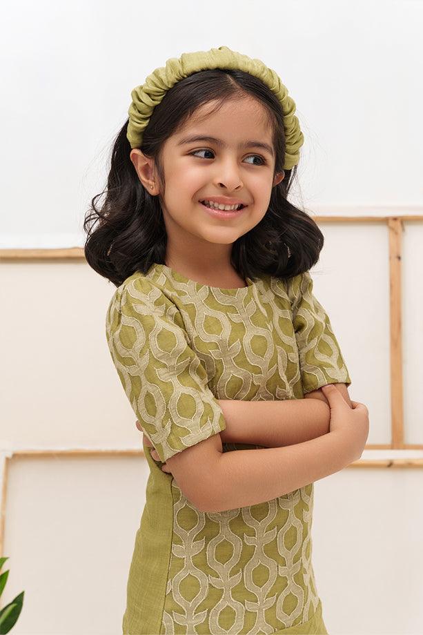 Twist and Shout- Green Chanderi Silk Hand Embroidered Ruffled Dress for Girls - Totdot