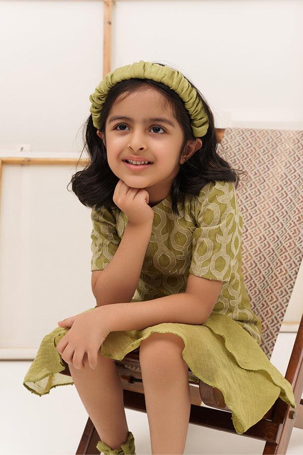 Twist and Shout- Green Chanderi Silk Hand Embroidered Ruffled Dress for Girls - Totdot