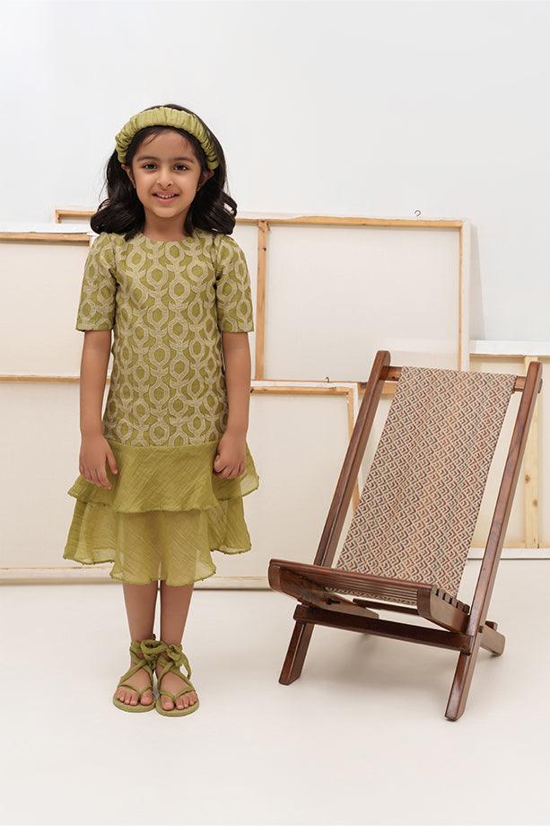 Twist and Shout- Green Chanderi Silk Hand Embroidered Ruffled Dress for Girls - Totdot