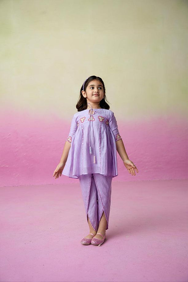 Whimsical Butterfly- Digital Lavender Hand Embroidered Kurta-Tulip Pants Set for Girls - Totdot